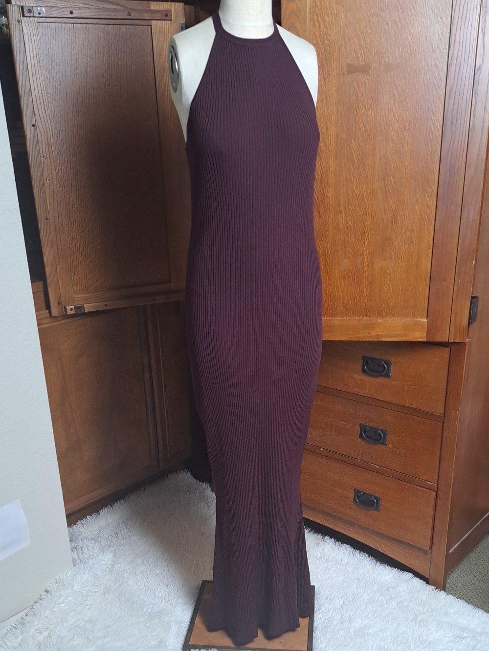 NWOT Good American Shine Halter Maxi Dress Ribbed Knit 2XL Malbec Burgundy